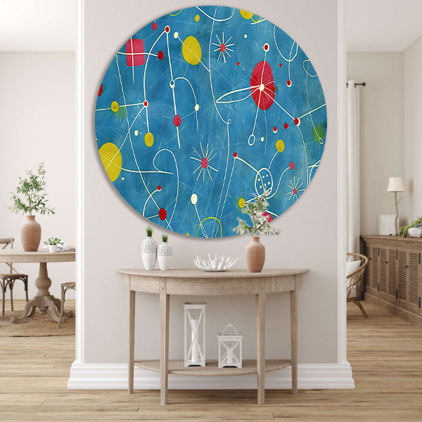 Abstracte kleurencompositie met speelse lijnen   aluminium muurcirkel