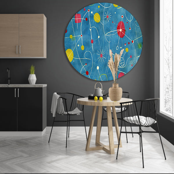Abstracte kleurencompositie met speelse lijnen   aluminium muurcirkel