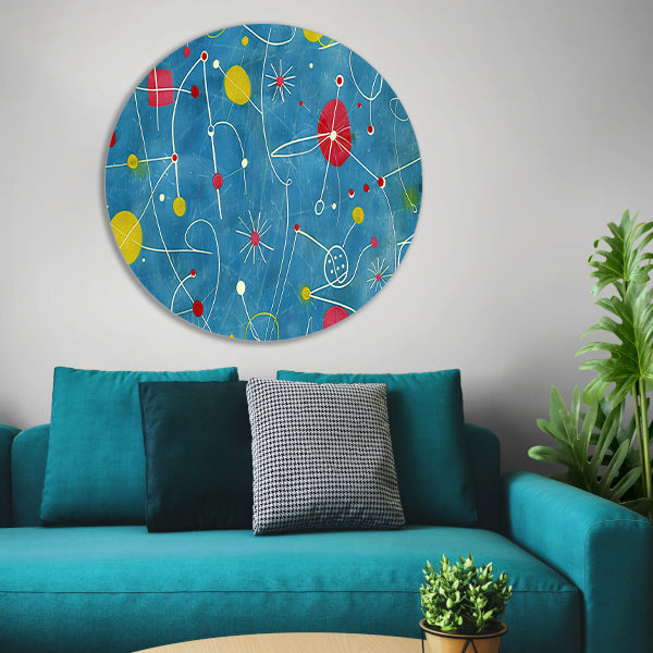 Abstracte kleurencompositie met speelse lijnen   aluminium muurcirkel