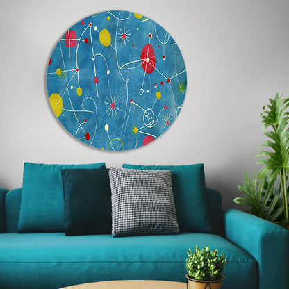 Abstracte kleurencompositie met speelse lijnen   aluminium muurcirkel