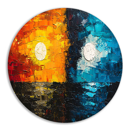 Abstract Contrast in Oranje en Blauw aluminium muurcirkel