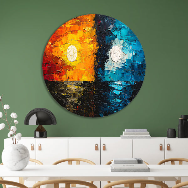 Abstract Contrast in Oranje en Blauw aluminium muurcirkel