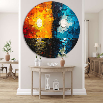 Abstract Contrast in Oranje en Blauw aluminium muurcirkel