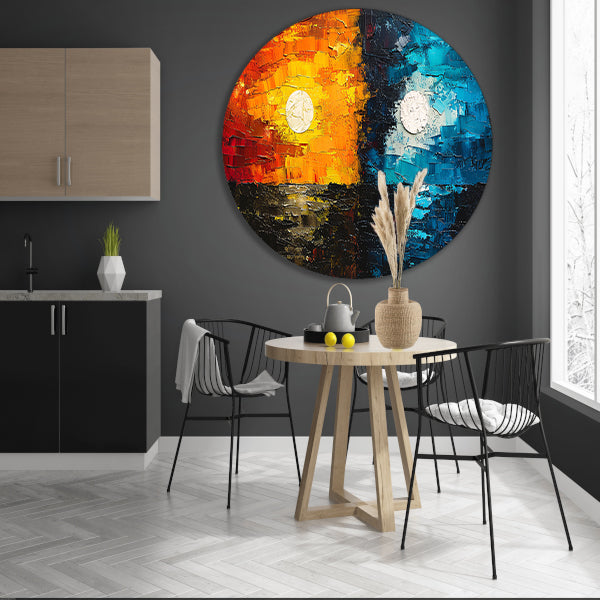 Abstract Contrast in Oranje en Blauw aluminium muurcirkel