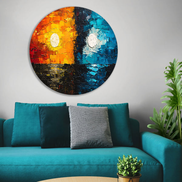 Abstract Contrast in Oranje en Blauw aluminium muurcirkel