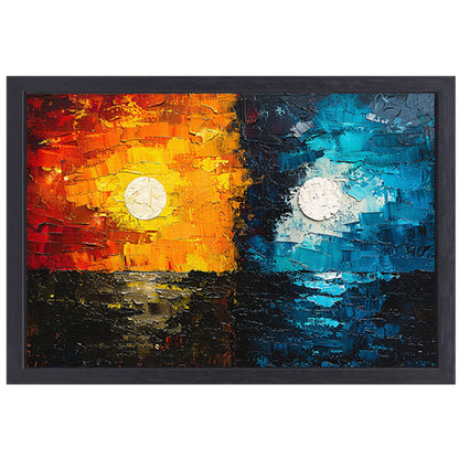 Abstract Contrast in Oranje en Blauw canvas met baklijst