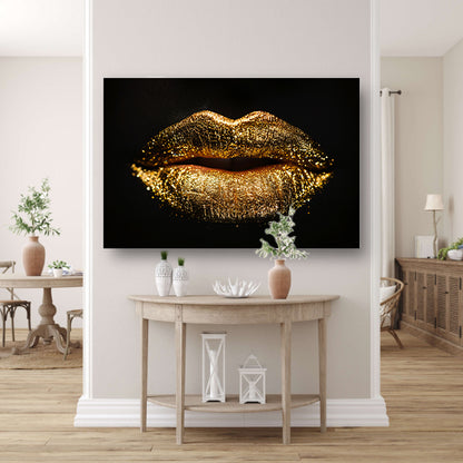 Dramatische Gouden Glitter Lippen Close-up canvas met baklijst