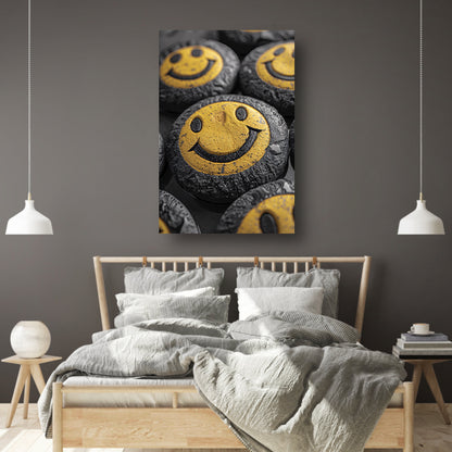 Close-up van gele smileys met waterdruppels canvas met baklijst