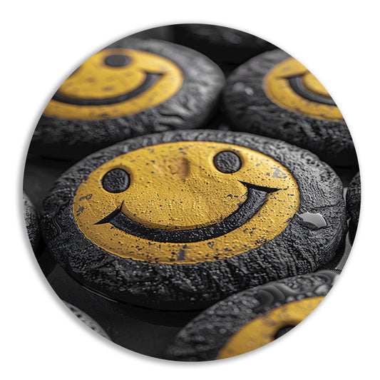 Close-up van gele smileys met waterdruppels aluminium muurcirkel