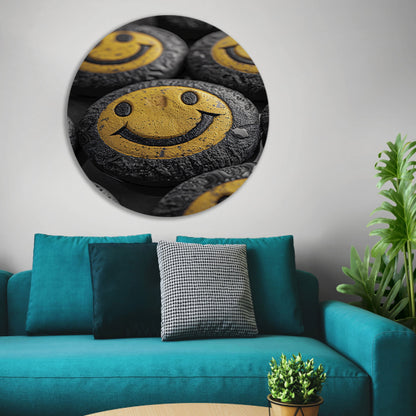 Close-up van gele smileys met waterdruppels aluminium muurcirkel