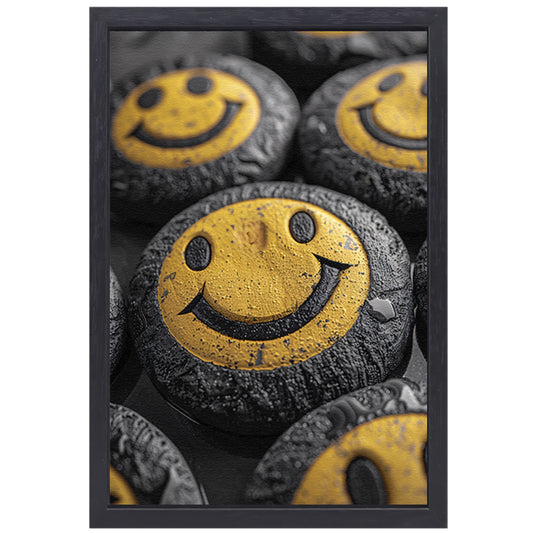 Close-up van gele smileys met waterdruppels canvas met baklijst