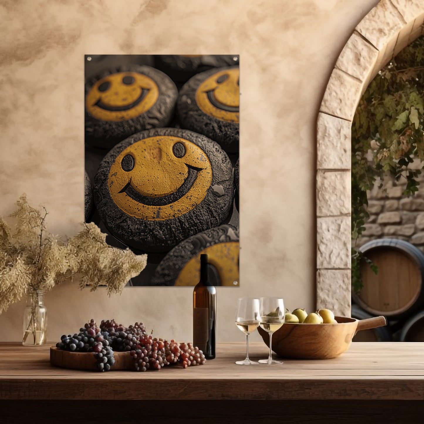 Close-up van gele smileys met waterdruppels tuinposter