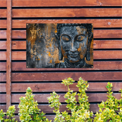 Mystieke Boeddha portret met abstracte texturen tuinposter