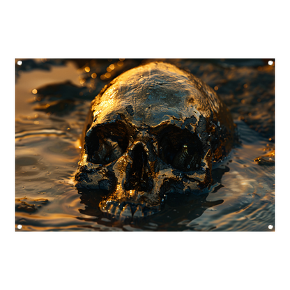 Vergulde schedel rustend in schemerig water tuinposter