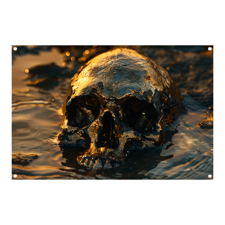 Vergulde schedel rustend in schemerig water tuinposter