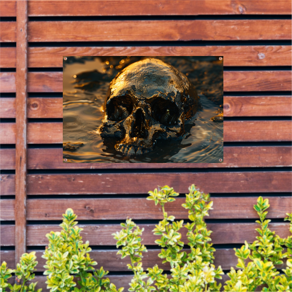 Vergulde schedel rustend in schemerig water tuinposter