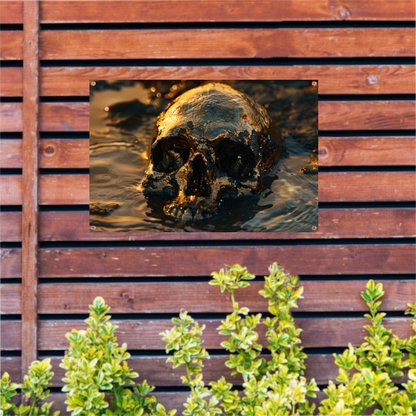 Vergulde schedel rustend in schemerig water tuinposter