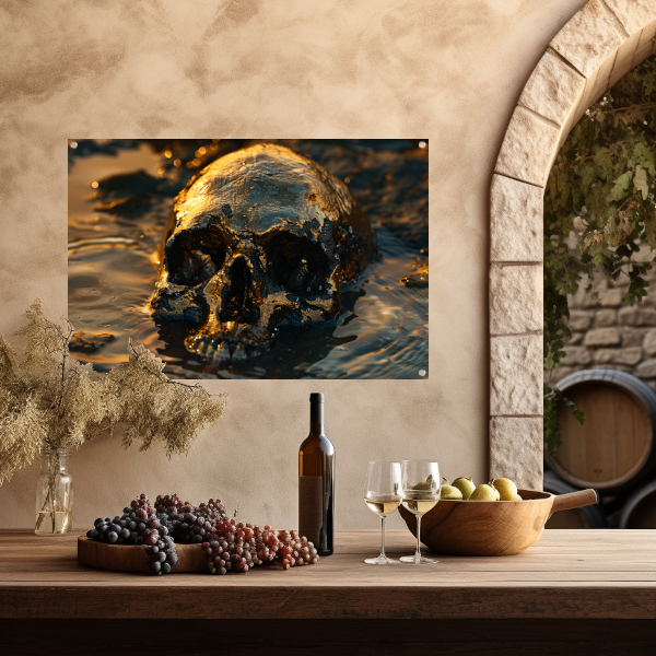 Vergulde schedel rustend in schemerig water tuinposter