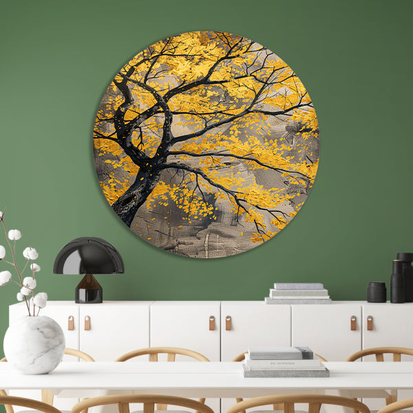 Boom met gouden bladeren in abstracte stijl aluminium muurcirkel