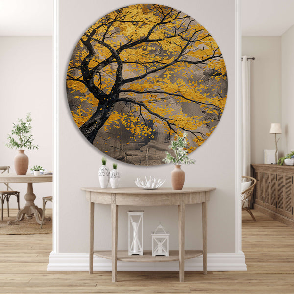 Boom met gouden bladeren in abstracte stijl aluminium muurcirkel