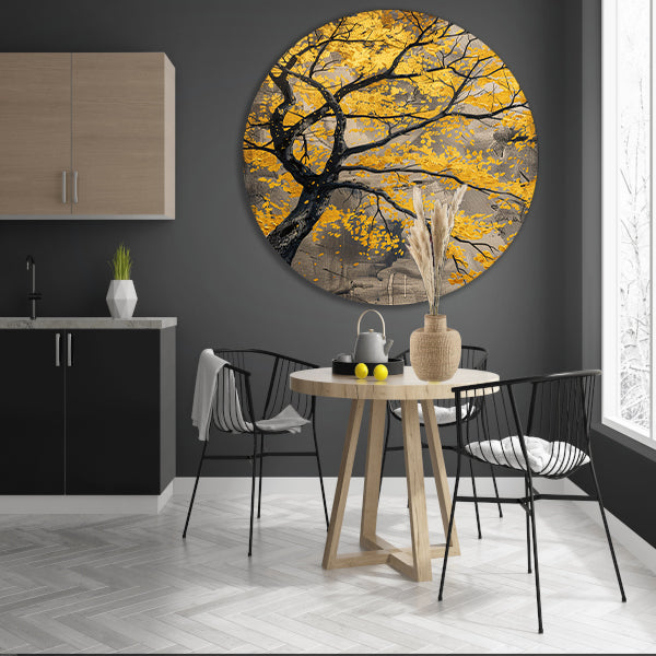 Boom met gouden bladeren in abstracte stijl aluminium muurcirkel