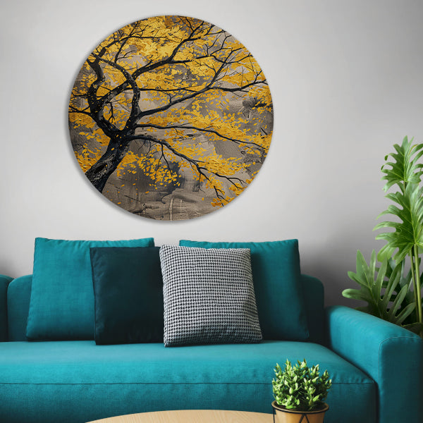 Boom met gouden bladeren in abstracte stijl aluminium muurcirkel
