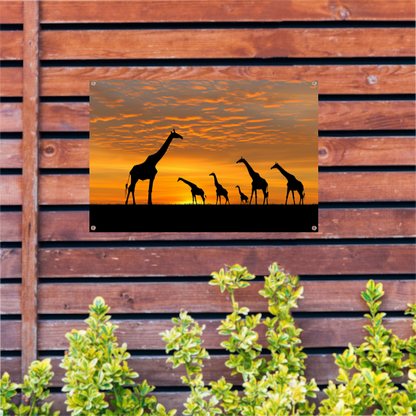 Silhouetgiraffes Zonsondergang Savanne tuinposter