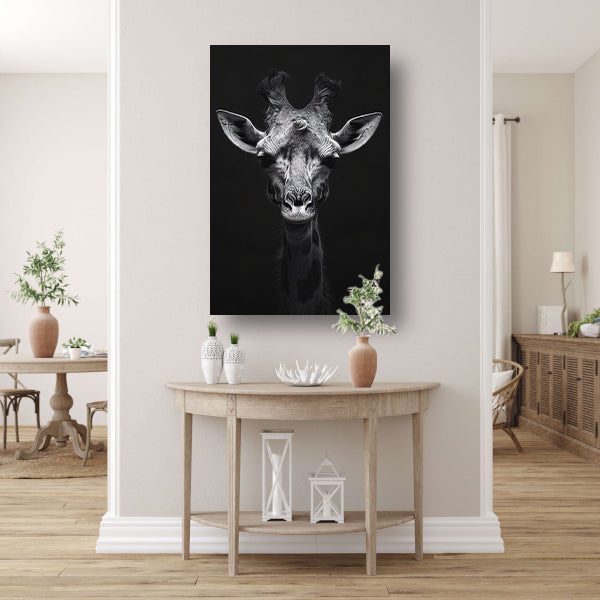 Zwart-wit portret van een giraffe poster