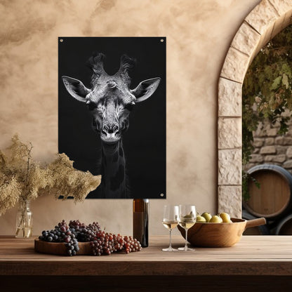 Zwart-wit portret van een giraffe tuinposter