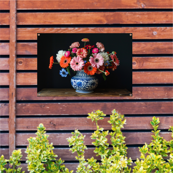 Uitgebreide collectie bloemen in een decoratieve vaas tuinposter
