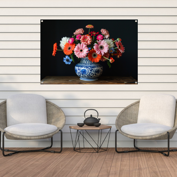 Uitgebreide collectie bloemen in een decoratieve vaas tuinposter