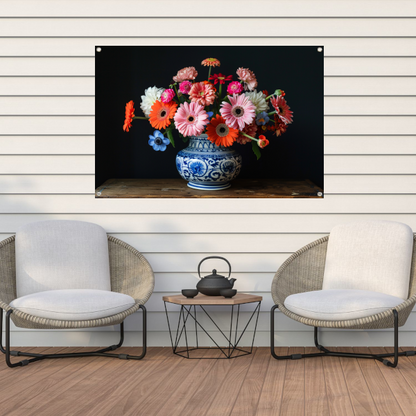 Uitgebreide collectie bloemen in een decoratieve vaas tuinposter