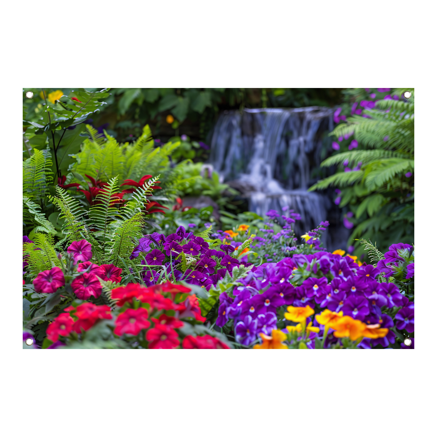 Levendige bloementuin met serene waterval tuinposter