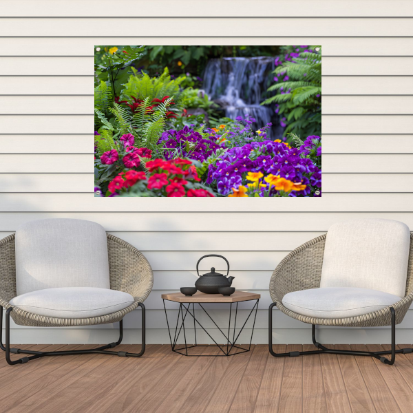 Levendige bloementuin met serene waterval tuinposter