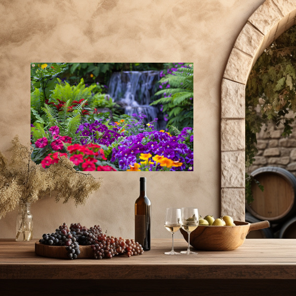 Levendige bloementuin met serene waterval tuinposter