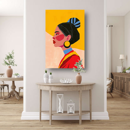 Stijlvol portret van een vrouw met culturele kleding poster