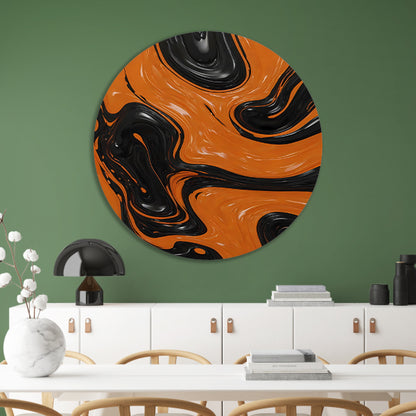 Dynamische Oranje en Zwarte Abstracte Kunst aluminium muurcirkel