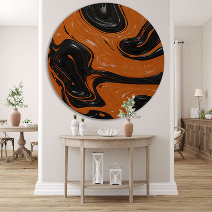Dynamische Oranje en Zwarte Abstracte Kunst aluminium muurcirkel