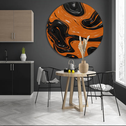 Dynamische Oranje en Zwarte Abstracte Kunst aluminium muurcirkel