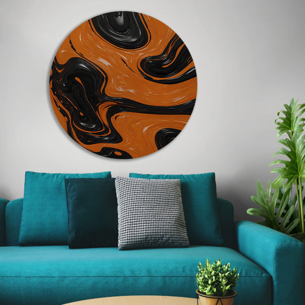 Dynamische Oranje en Zwarte Abstracte Kunst aluminium muurcirkel
