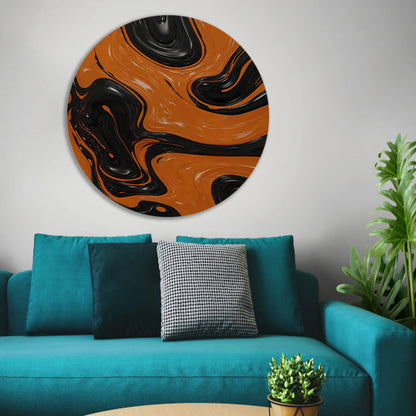 Dynamische Oranje en Zwarte Abstracte Kunst aluminium muurcirkel