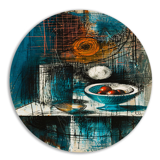Abstract stilleven met schaal en fruit aluminium muurcirkel