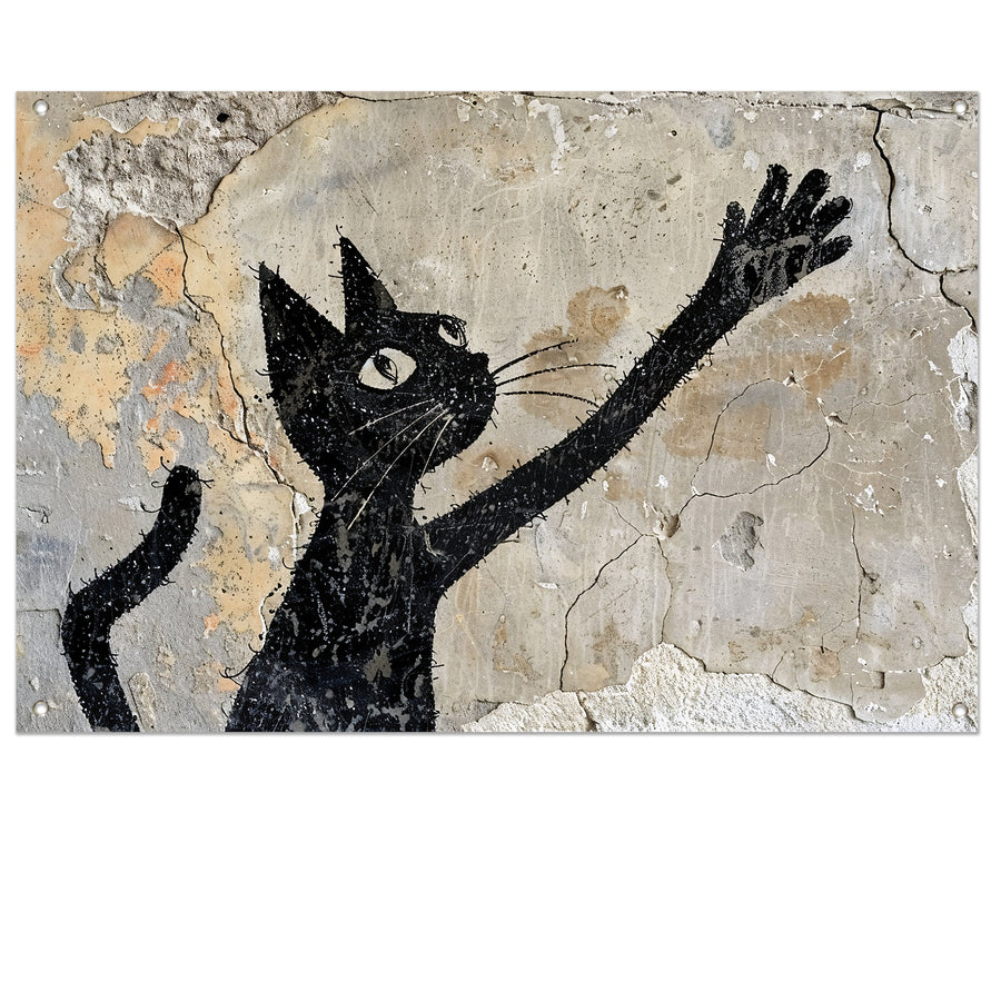 Zwarte kat op verweerde muur reikend omhoog tuinposter