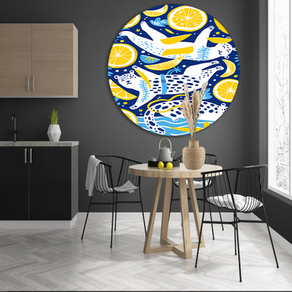 Speelse Tijgers in Citrus Oceaan aluminium muurcirkel