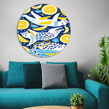 Speelse Tijgers in Citrus Oceaan aluminium muurcirkel