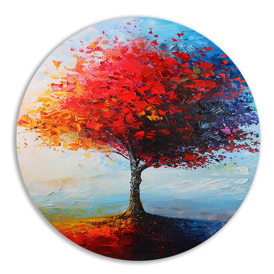 Expressieve kleurrijke boom met rode en oranje tinten aluminium muurcirkel