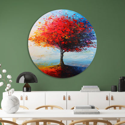 Expressieve kleurrijke boom met rode en oranje tinten aluminium muurcirkel