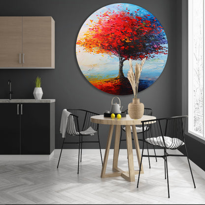 Expressieve kleurrijke boom met rode en oranje tinten aluminium muurcirkel