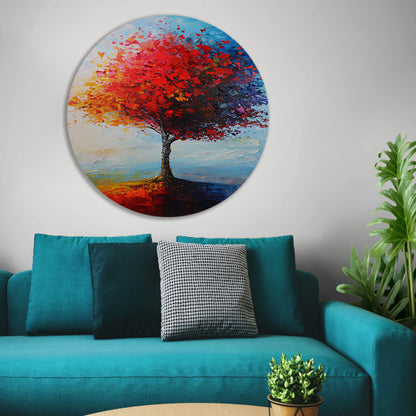 Expressieve kleurrijke boom met rode en oranje tinten aluminium muurcirkel