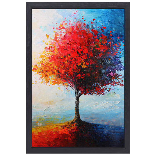 Expressieve kleurrijke boom met rode en oranje tinten canvas met baklijst